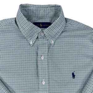 Ralph Lauren Mens 15.5 Green / Blue Check Button Down Shirt Long Sleeve Cotton